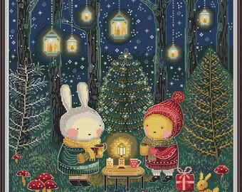 Gráfico de ponto cruz em PDF: Floresta de Natal, Coelhos Primitivos de Inverno da Lantern, Amostra de Bordado Noite Aconchegante (Gráfico 548)