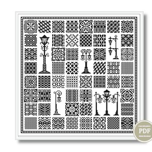 Black-and-white version of the pattern with detailed outlines of vintage lanterns and square tile motifs, ready for counted cross stitch.