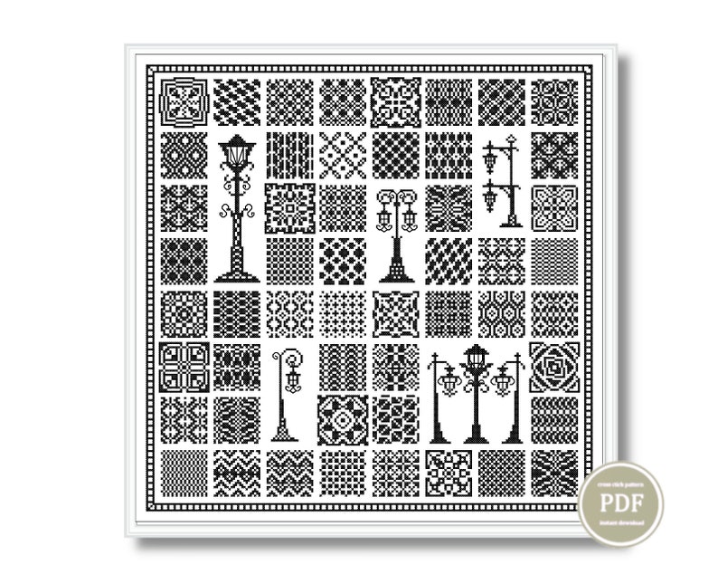 Black-and-white version of the pattern with detailed outlines of vintage lanterns and square tile motifs, ready for counted cross stitch.