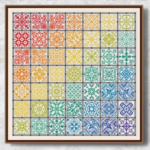 Może przedstawiać: Wz&oacute;r do haftu krzyżykowego z tęczą kolorowych wzor&oacute;w geometrycznych. Wz&oacute;r nosi tytuł "Embroidery with Pleasure" i pochodzi od Rainbow Hunter Designs.