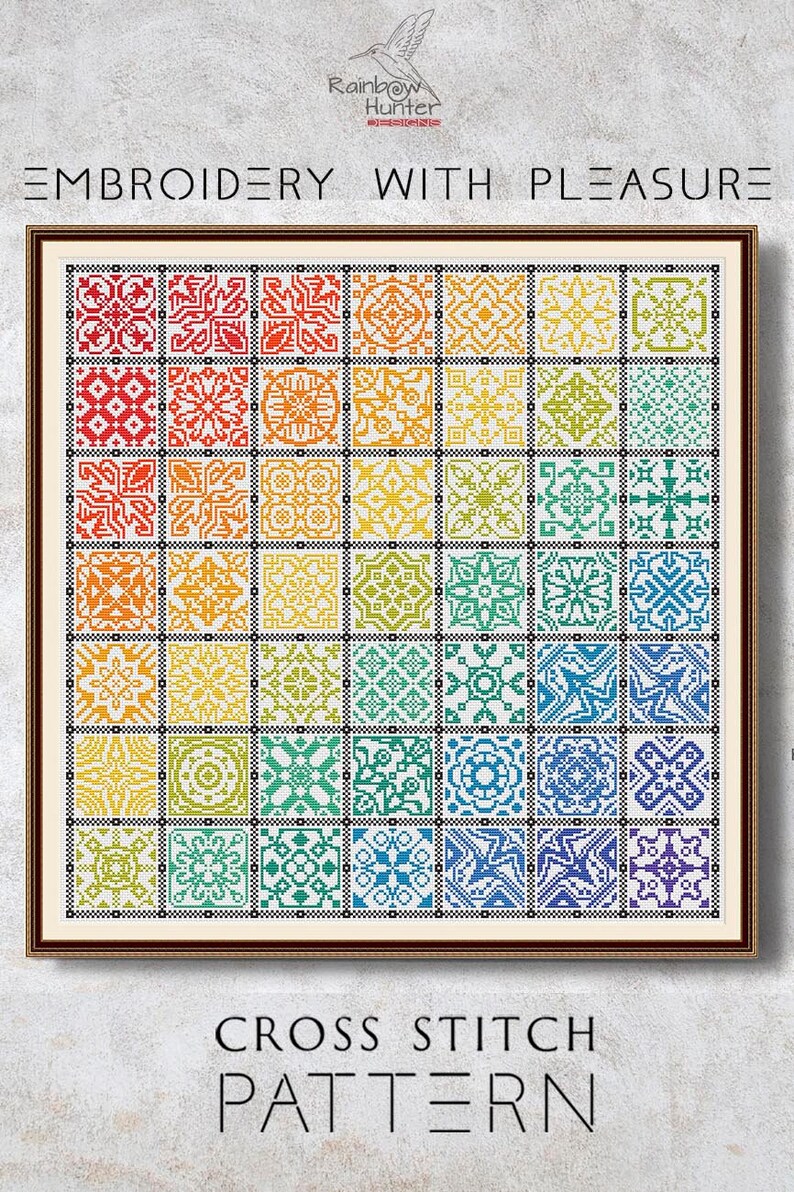Może przedstawiać: Wz&oacute;r do haftu krzyżykowego z tęczą kolorowych wzor&oacute;w geometrycznych. Wz&oacute;r nosi tytuł "Embroidery with Pleasure" i pochodzi od Rainbow Hunter Designs.