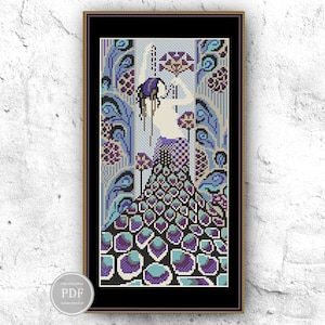 Art Deco Lady Cross Stitch Pattern PDF, 1920s Peacock Feather Design, Modern Embroidery, Digital Download, Elegant Home Decor DIY #319