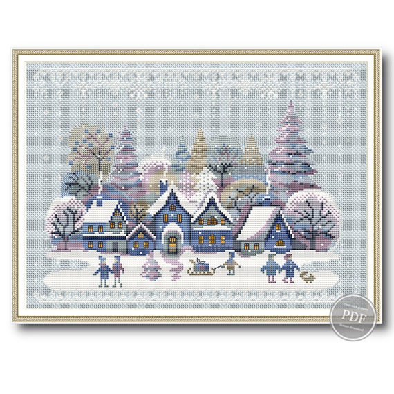 Preview of Merry Christmas Cross Stitch Pattern. Christmas village. Winter Primitive Sampler. Stitching Christmas. Winter houses. Instant download PDF by NARAxStitchPatterns