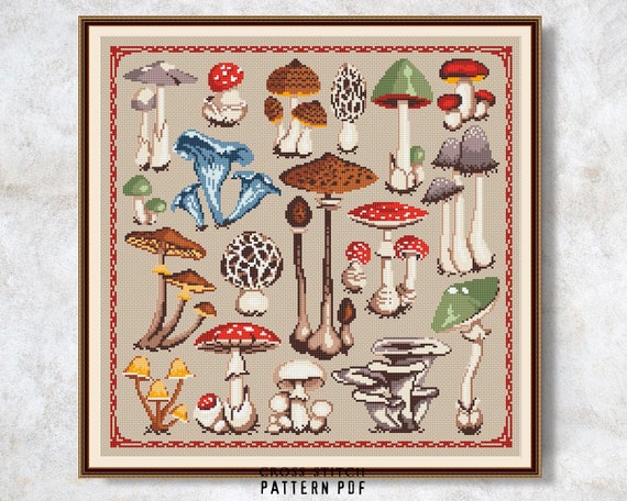 Preview of Mushrooms cross stitch pattern PDF Woodland cross stitch Fungi Amanita cross stitch chart Fall embroidery Instant download by NARAxStitchPatterns