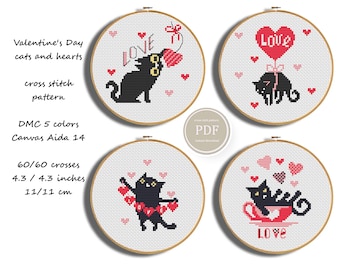 Black Cat Cross Stitch Pattern – Valentine's Day Heart Design, Modern Love Embroidery PDF, DIY Cat Stitch Decor, Instant Download 254