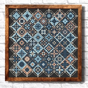 Patchwork punto de cruz Muestra azul Patrón de punto de cruz popular étnico PDF Quaker xstitch Cuadrados Azulejo Tabla de punto de cruz Fácil bordado