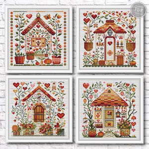 Può includere: Quattro schemi a punto croce incorniciati con affascinanti disegni di cottage. Ogni pezzo mostra una casa con tetto rosso, circondata da motivi floreali e a cuore. La tavolozza dei colori include rosso, arancione, verde e bianco, creando un'estetica accogliente e artigianale.