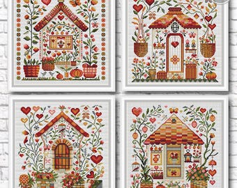 Conjunto de PDF de ponto cruz de casa de flores 1-4 PDF • Pacote de amostra de casa de campo floral • Casa de fazenda primitiva com corações • Gráfico de contagem moderno 531