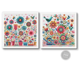 May include: Two cross-stitch patterns featuring colourful floral arrangements. The first pattern shows a row of potted flowers with butterflies. The second pattern shows a watering can and a bird in a garden setting.