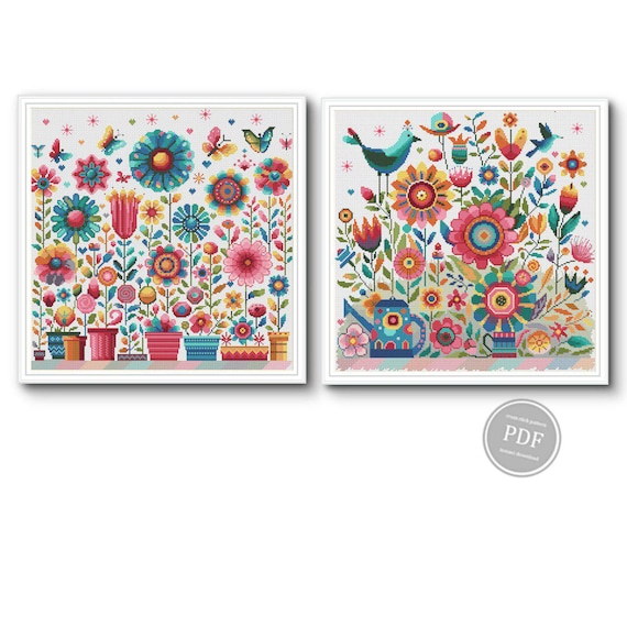 Preview of Cross stitch pattern Set Folk flowers birds counted cross stitch flowers modern cross stitch scandinavian home decor instant download pdf by NARAxStitchPatterns