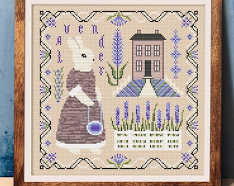 Lavender sampler cross stitch PDF Cute bunny girl Folk sampler Floral stitching House Flower cross stitch chart Digital download file