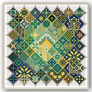 May include: A colorful geometric pattern with a variety of green, blue, yellow, and white squares and diamonds. The pattern is framed in a gold frame.