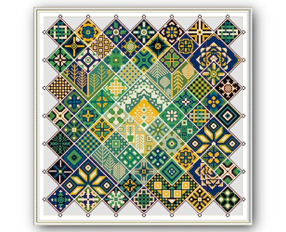 Preview of Cross Stitch Pattern Geometric Square Yellow-Green Patchwork Ethnic Folk Art Design PDF Pattern Digital Pdf File Instant Download by NARAxStitchPatterns