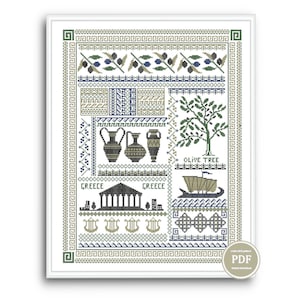 Antique Greece Cross Stitch Sampler Pattern – Monochrome Greek Motifs, Ancient Attributes, Instant PDF Download, Counted Chart Embroidery 66