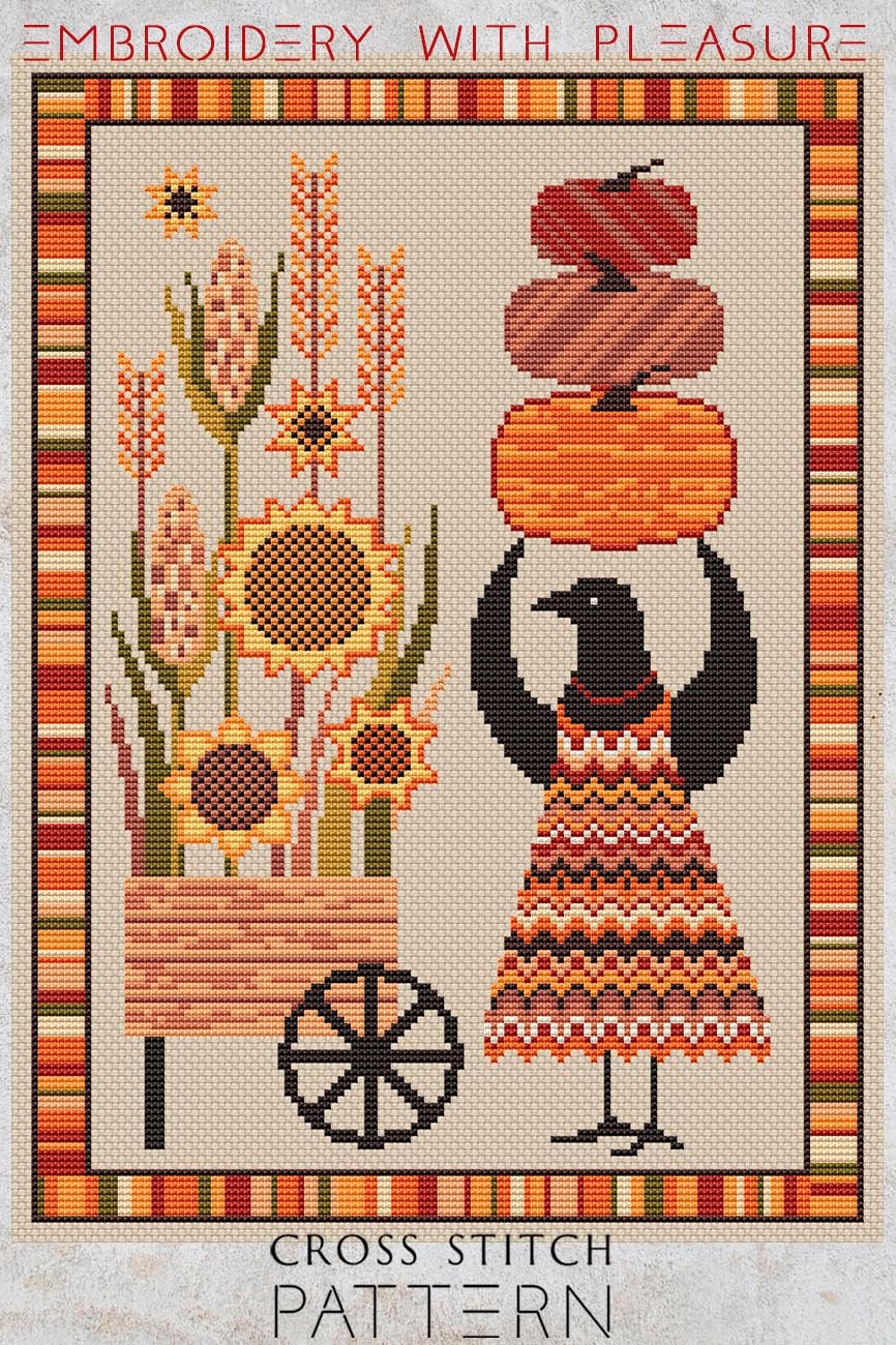 Cross Stitch Pattern PDF Crow Embroidery Design Autumn Harvest Pumpkins ...