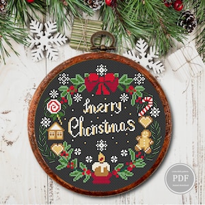 Merry Christmas Cross Stitch Pattern, Christmas Wreath Embroidery # 2, Christmas home decoration, PDF. Digital File Instant Download
