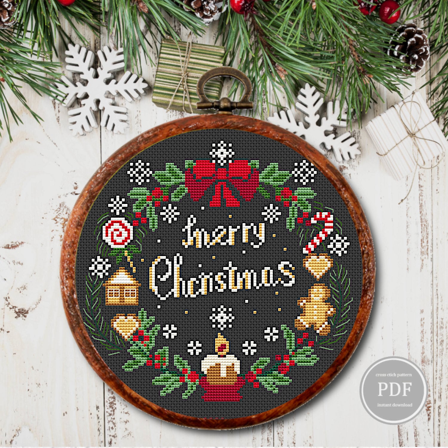 Merry Christmas Cross Stitch Pattern, Christmas Wreath Embroidery # 2, Christmas home decoration, PDF. Digital File Instant Download