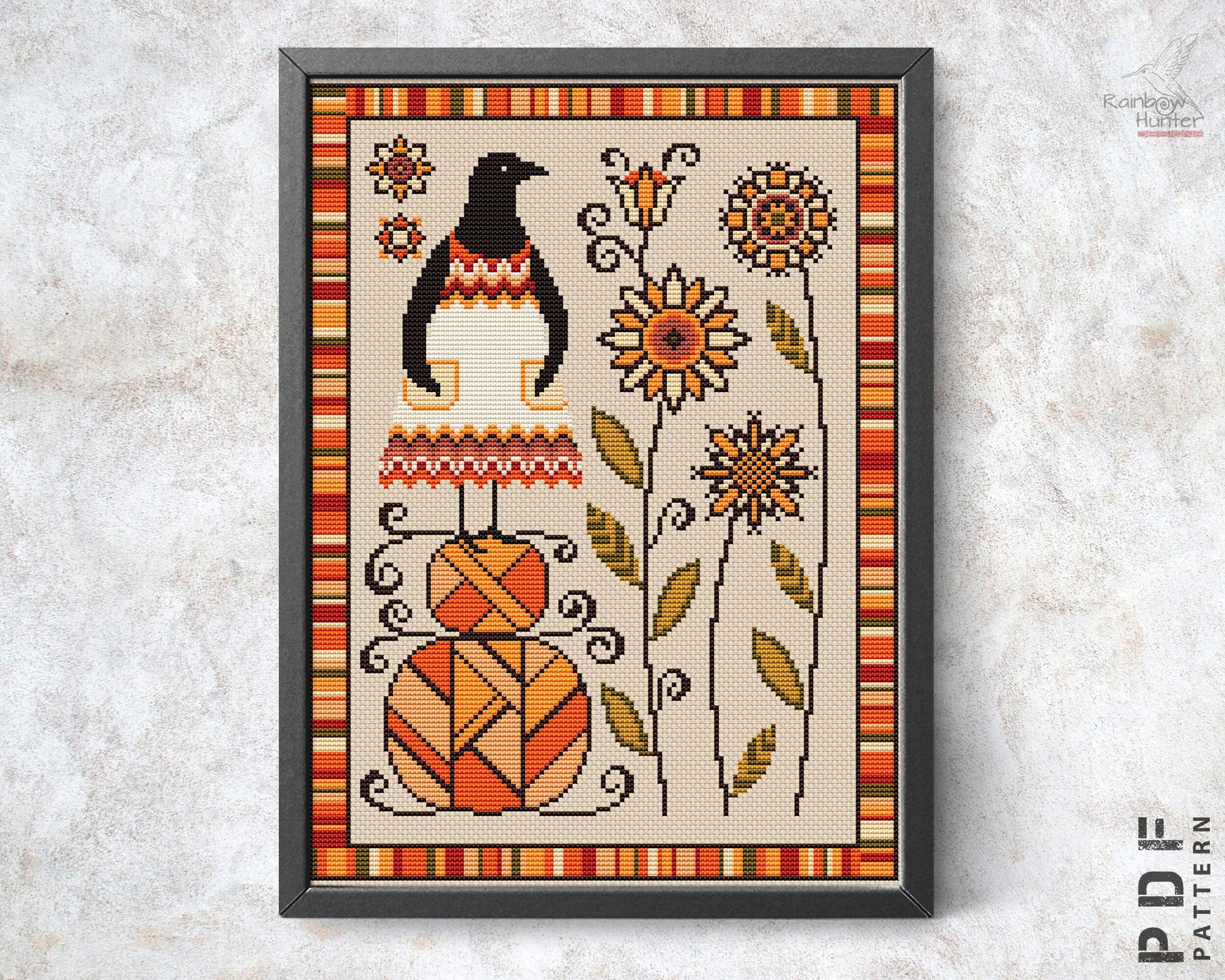 Cross Stitch Pattern PDF Crow Embroidery Design Autumn Harvest Pumpkins ...