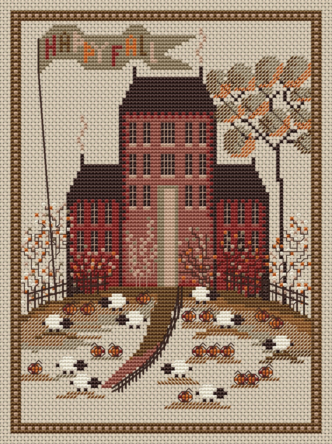 Autumn Village Sampler Cross Stitch Pattern Pumpkins Embroidery Digital ...