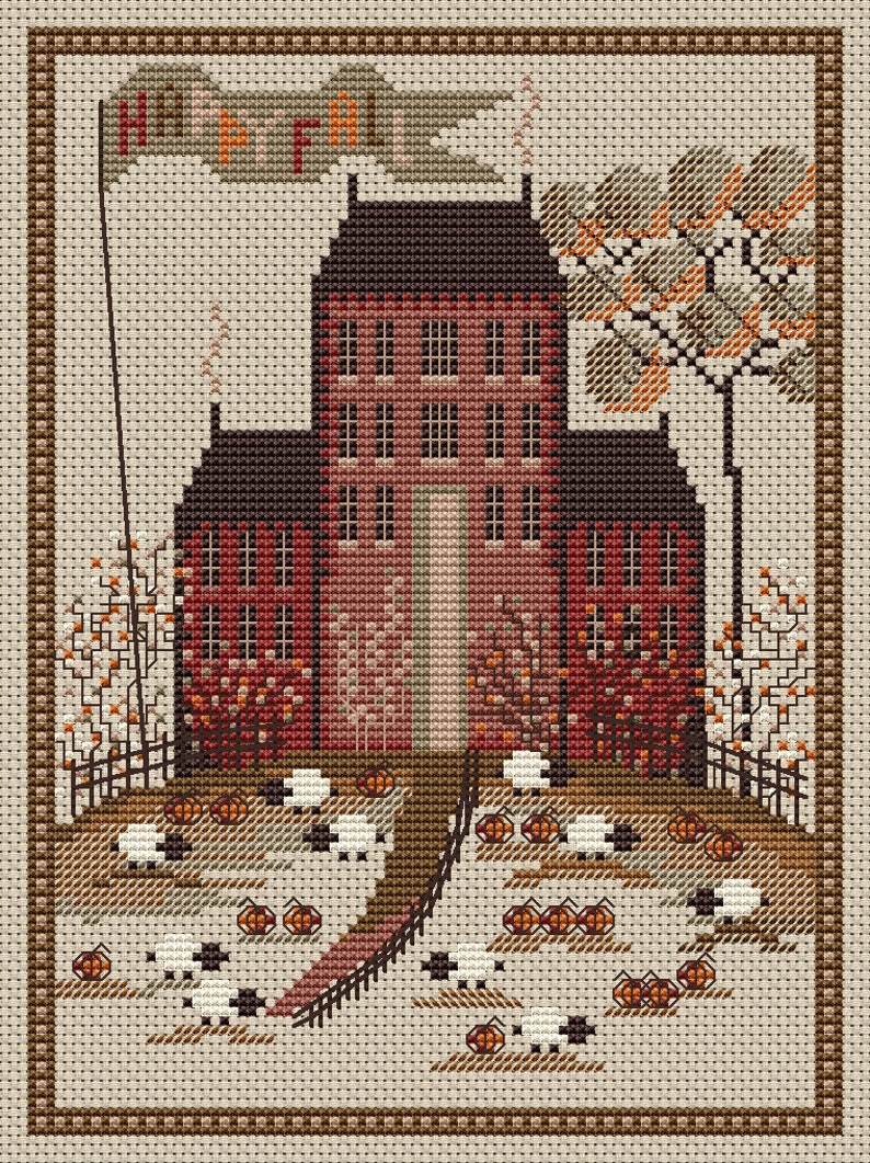 Autumn Village Sampler Cross Stitch Pattern Pumpkins Embroidery Digital ...