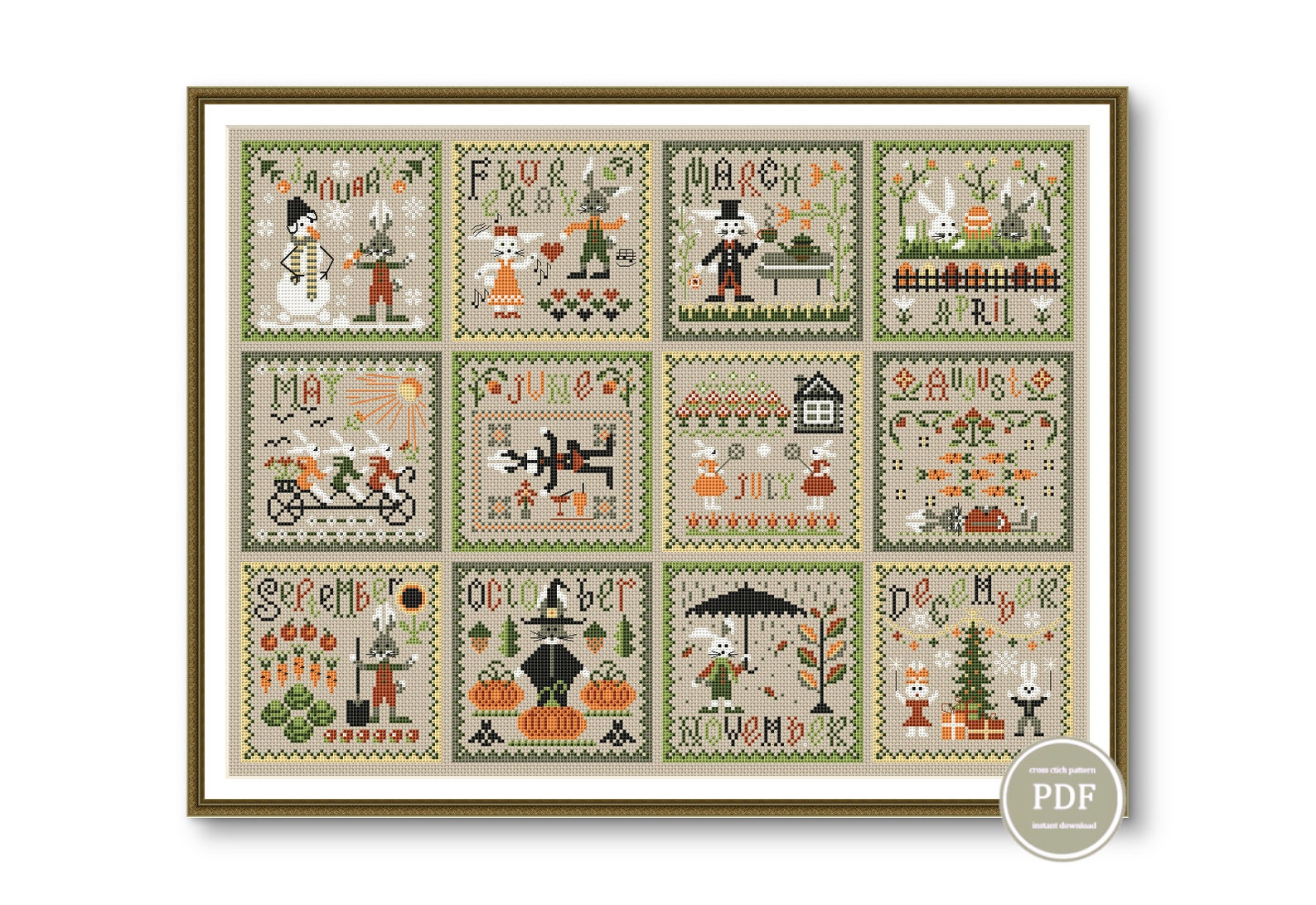 Cross Stitch Months Year Bunny Pattern PDF Primitive Modern Etsy