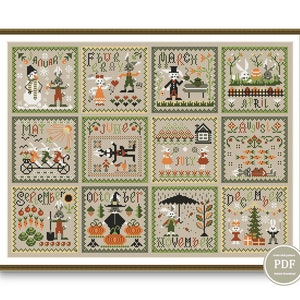 Cross Stitch Months Year Bunny Pattern PDF Primitive Modern Folk Embroidery, Instant Download PDF Calendar Primitive Stitching