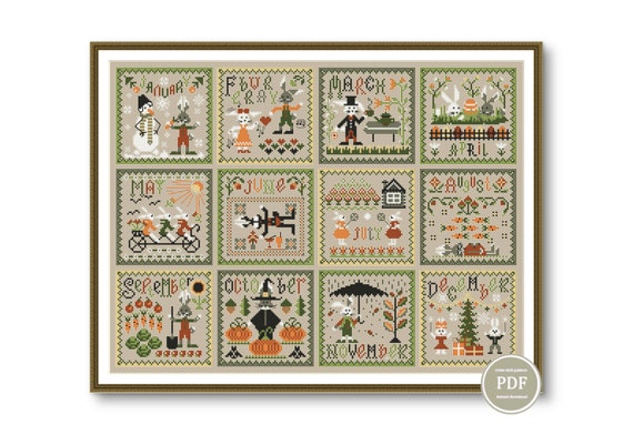Preview of Cross Stitch Months Year Bunny Pattern PDF Primitive Modern Folk Embroidery, Instant Download PDF Calendar Primitive Stitching by NARAxStitchPatterns