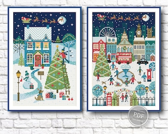 Set 2 patterns of Merry Christmas cross stitch, Christmas holidays, Christmas town. Merry Christmas Sample PDF Instant Download