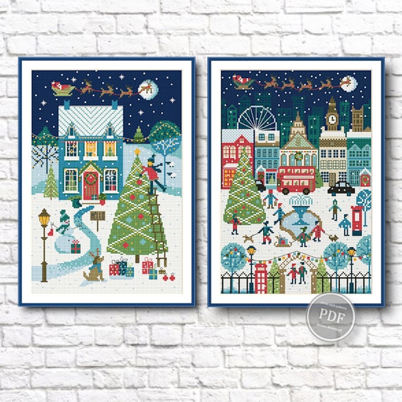 Preview of Set 2 patterns of Merry Christmas cross stitch, Christmas holidays, Christmas town. Merry Christmas Sample PDF Instant Download by NARAxStitchPatterns