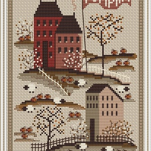 Sampler Autumn Village Pumpkins Cross Stitch Pattern Embroidery Digital ...
