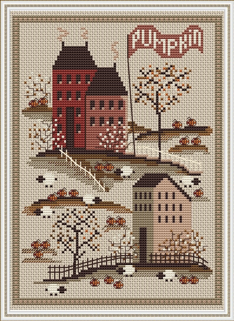 Sampler Autumn Village Pumpkins Cross Stitch Pattern Embroidery Digital ...