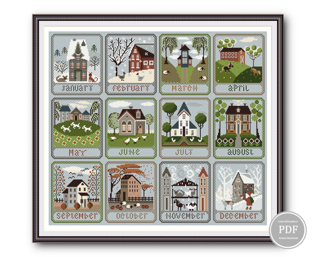 Cross Stitch Calendar Primitive Sewing Months of the Year Village Outline PDF, Primitive Modern Folk Embroidery, PDF Instant Download 265 - Etsy Cross Stitch Calendar Primitive Sewing Months of the Year Village Outline PDF, Primitive Modern Folk Embroidery, PDF Instant Download 265 - Etsy