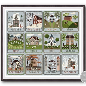 Cross Stitch Calendar Primitive Sewing Months of the Year Village Outline PDF, Primitive Modern Folk Embroidery, PDF Instant Download 265