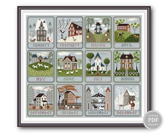 Cross Stitch Calendar Primitive Sewing Months of the Year Village Outline PDF, Primitive Modern Folk Embroidery, PDF Instant Download 265