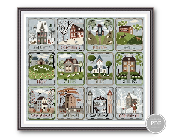 Preview of Cross Stitch Calendar Primitive Sewing Months of the Year Village Outline PDF, Primitive Modern Folk Embroidery, PDF Instant Download 265 by NARAxStitchPatterns