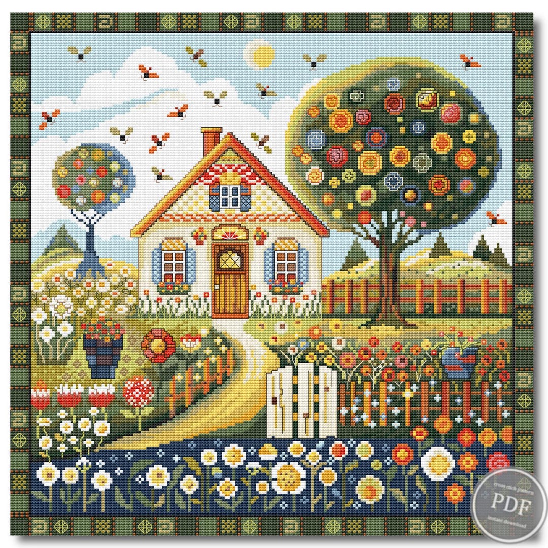 Summer Cottage PDF Cross Stitch Pattern, Folk Art House Landscape PDF ...