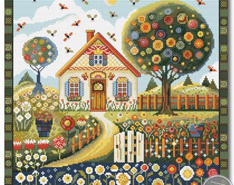 Summer Cottage PDF Cross Stitch Pattern, Folk Art House Landscape PDF, Village Garden Sampler, Printable Chart 561-1