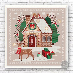 Cross stitch sampler Gingerbread house and Christmas deer. Christmas embroidery. New Year. Modern Design PDF Pattern Instant Download