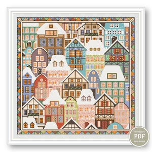 Korsstygnsmönster med lapptäcke, holländsk stad, enkelt broderi, modern design, broderi för kudde, PDF-räknat diagram, direkt nedladdning