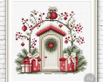 Padrão de Ponto Cruz de Feliz Natal, Casa de Natal Rústica com Coruja e Árvore, Bordado de Inverno Fácil em PDF, Download Instantâneo 544