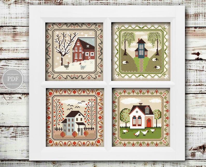Cross Stitch Pattern Sampler 4 Seasons Pattern Set Village Etsy