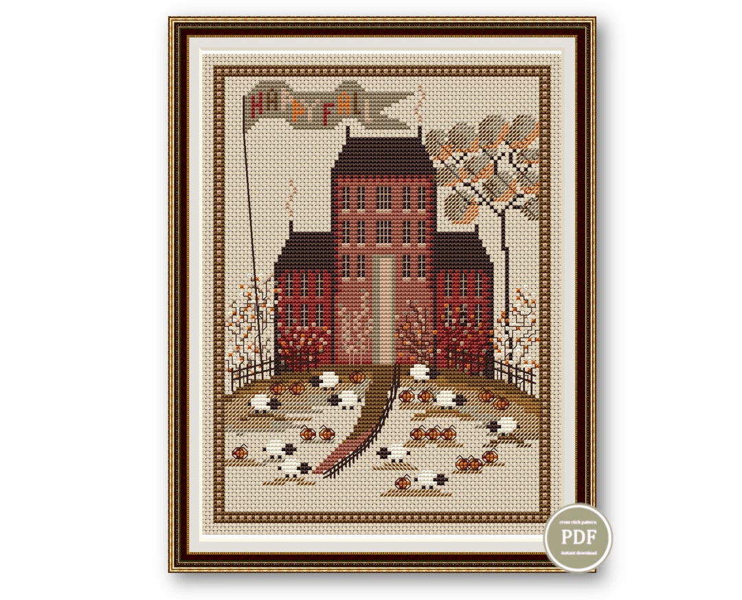 Autumn Village Sampler Cross Stitch Pattern Pumpkins Embroidery Digital ...
