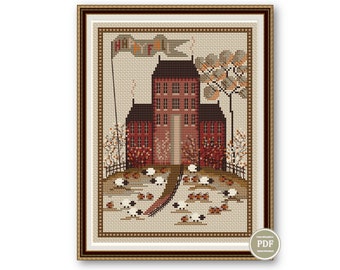 Autumn Village Sampler Cross Stitch Pattern Pumpkins Embroidery Digital PDF File Instant Download