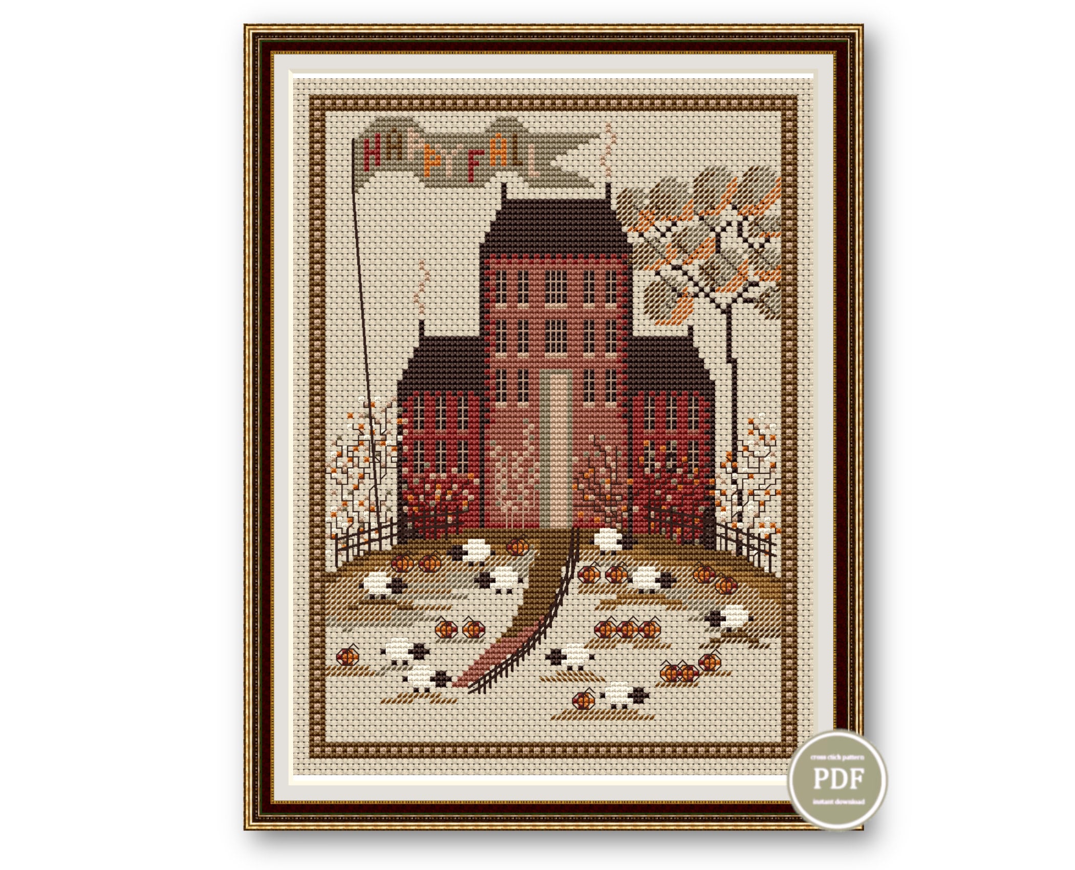 Autumn Village Sampler Cross Stitch Pattern Pumpkins Embroidery Digital ...
