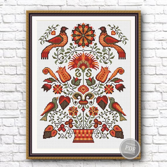 Preview of Fraktur Birds Sampler # 1 Cross Stitch Fraktur Cross Stitch Pattern PDF Primitive Modern Folk Embroidery Instant Download PDF by NARAxStitchPatterns