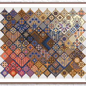 May include: A colorful geometric pattern with a variety of shapes and colors, including blue, brown, orange, and white. The pattern is made up of small squares and diamonds, and it is arranged in a repeating pattern.