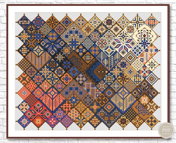 Preview of Cross Stitch PDF Sampler Geometric Arabic Squares Patchwork Ethnic Folk Art Design PDF Pattern Digital Pdf File Instant Download 286 by NARAxStitchPatterns