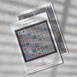 K&ouml;nnte beinhalten: Ein Kreuzstichmuster f&uuml;r ein Patchwork-Design mit schwarzem Rahmen. Das Muster hei&szlig;t "Patchwork 005" und wurde von Rainbow Hunter entworfen. Die Gr&ouml;&szlig;e des Designs betr&auml;gt 18,21 x 18,21 Zoll oder 46,26 x 46,26 cm.