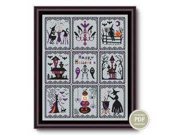 Cross Stitch Pattern Spooky Halloween Sampler Spooky Bats Witches PDF File Instant Download