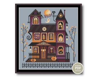 Cross Stitch Sampler Halloween Spooky House. Horror Pumpkins Scull Scary Halloween Modern Template Pdf File